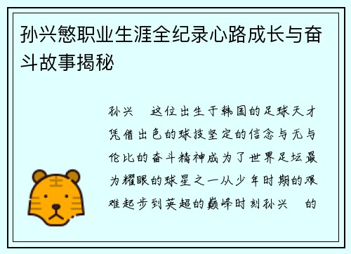 孙兴慜职业生涯全纪录心路成长与奋斗故事揭秘
